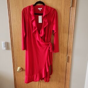 Fashion Bug Red Ruffled Long Sleeve Wrap Dress